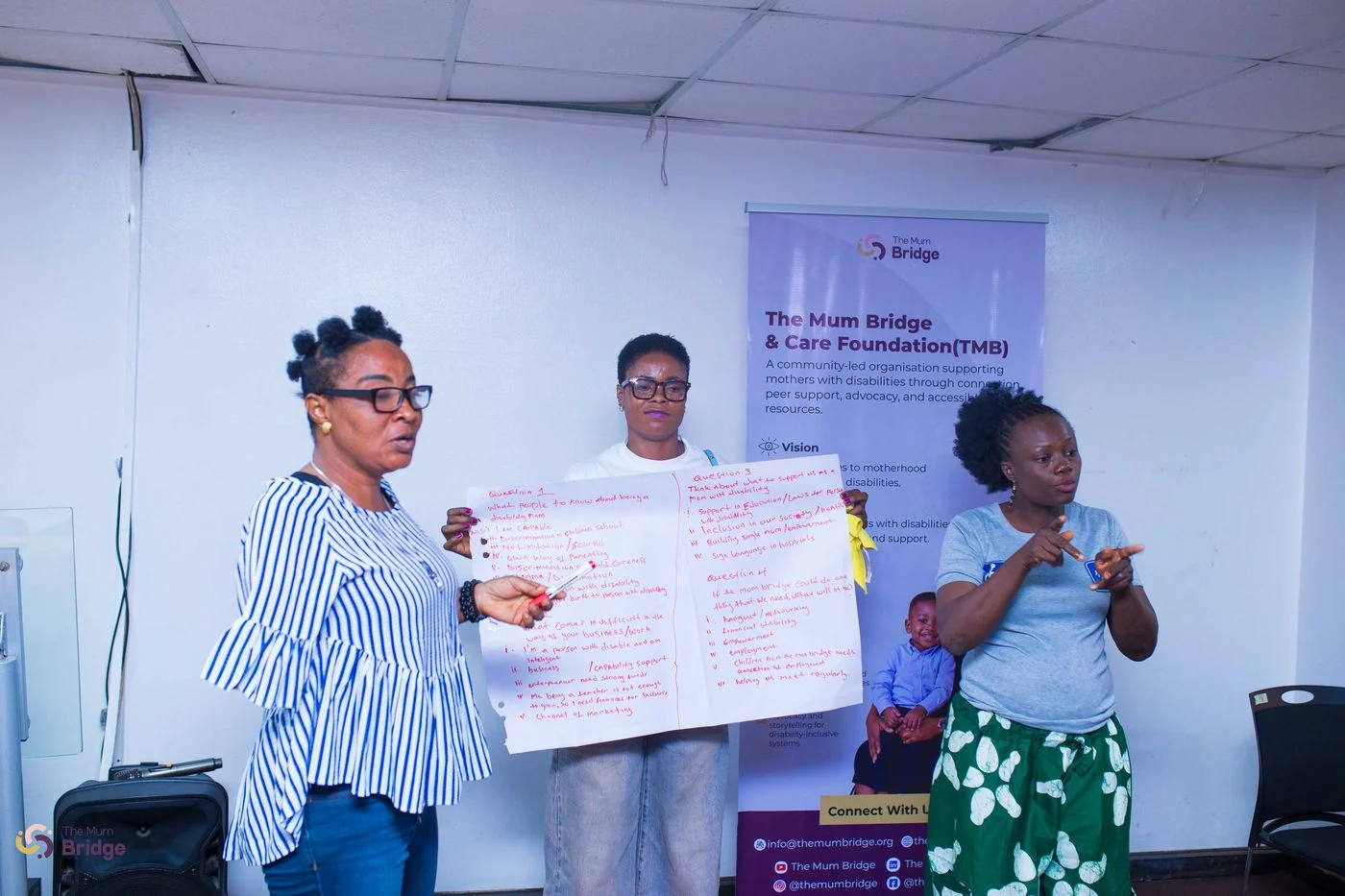 Three women present workshop findings on a flip chart in front of the Mum Bridge banner, with a sign language interpreter alongside